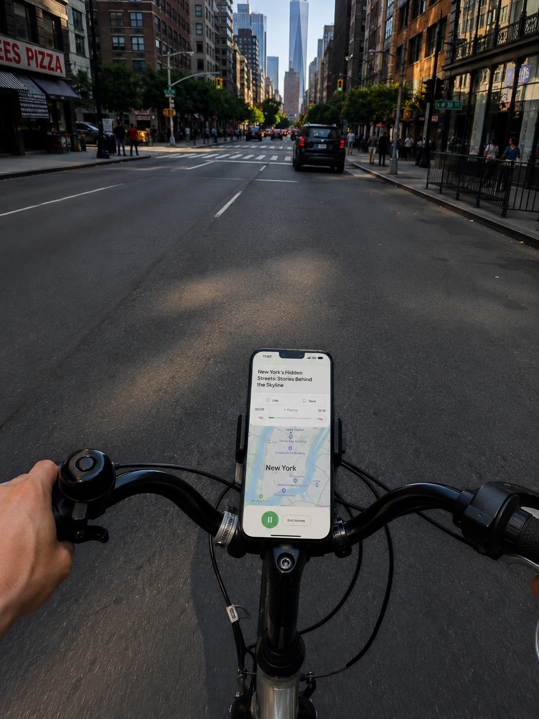 A phone mounted on bicycle handlebars in New York City, playing a Guroute story titled "New York's Hidden Streets: Stories Behind the Skyline" while riding toward the Manhattan skyline.